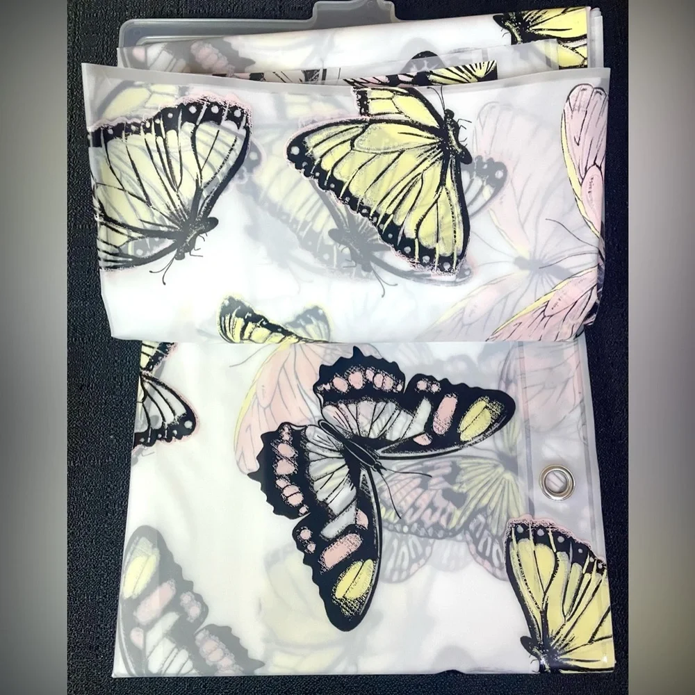 13-pc Butterfly PEVA Shower Curtain Semi-Clear Yellow Pink Butterflies Hooks NWT